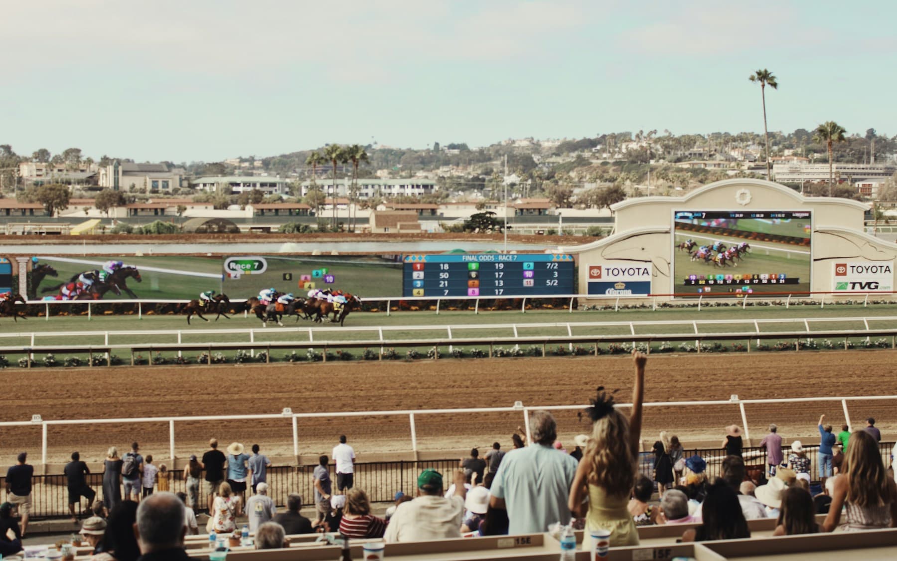Spectators watching a horse race and live odds board from the grandstand