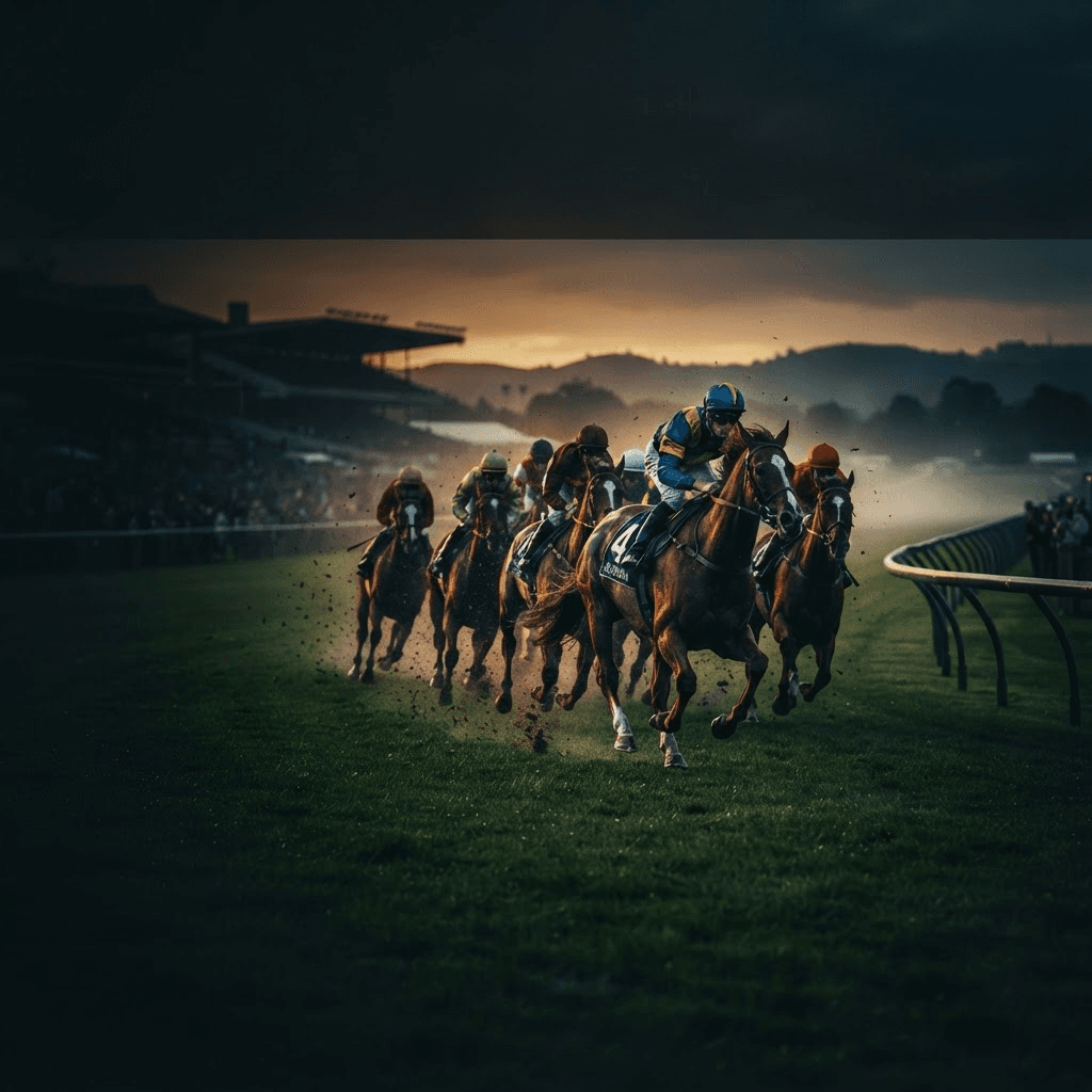 Thoroughbreds racing around the final bend
